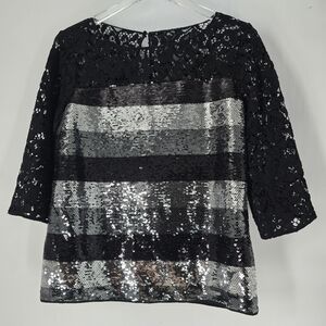 Sachin & Babi Black Silver Sequin Knit Blouse Lace Sleeves Size M